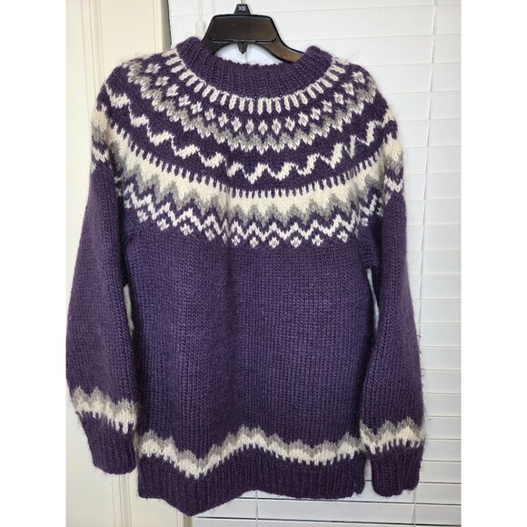 VTG Unisex Hand knit Wool Sweater Fair Isle purple Artisan Equador Chunky - Picture 1 of 8